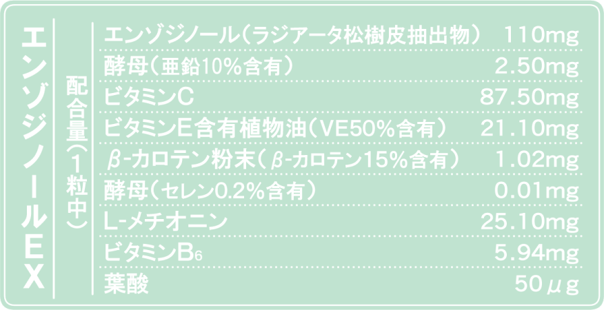 抗酸化ビタミンCやポリフェノールなどのエンゾジノールEXの成分一覧